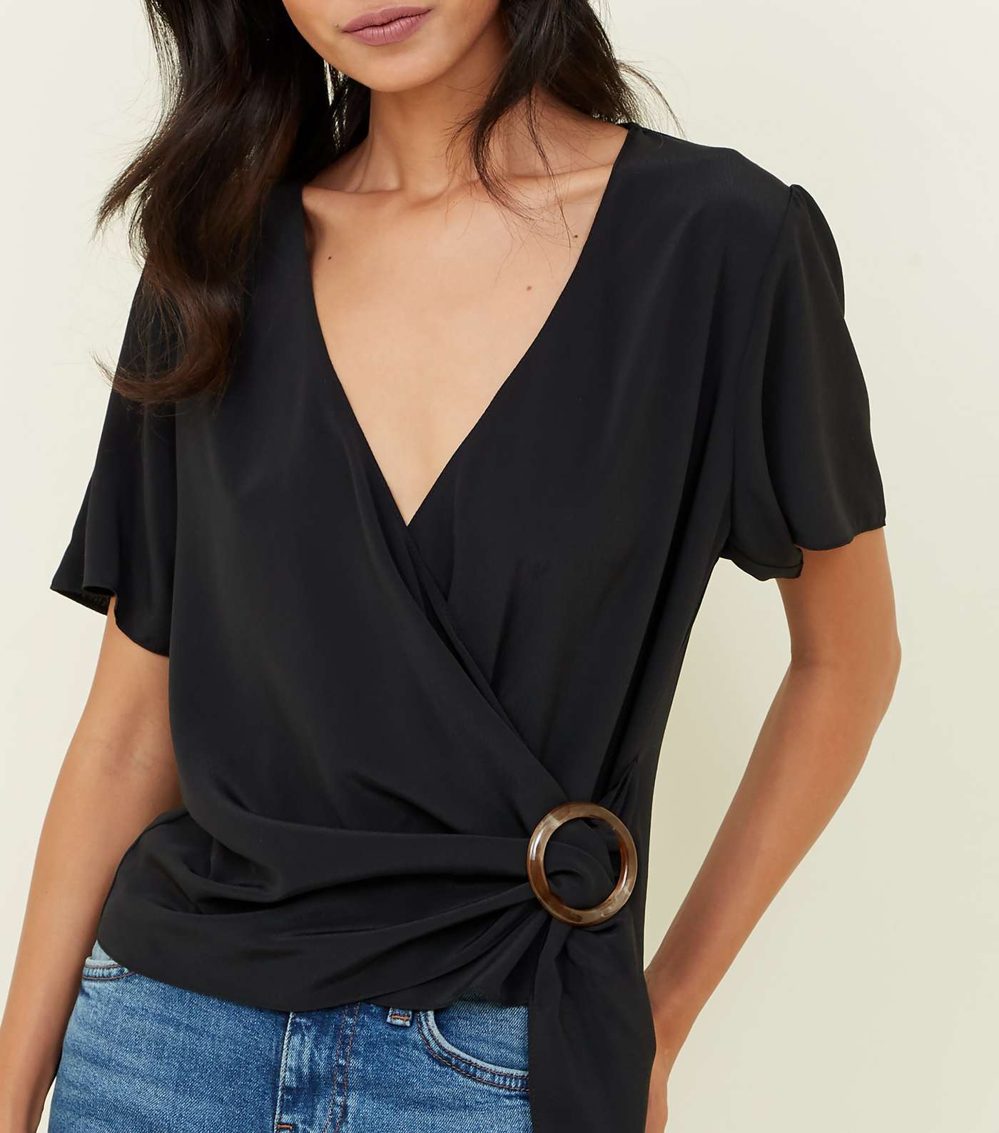 Black Faux Horn Ring Buckle Wrap Top Image 5