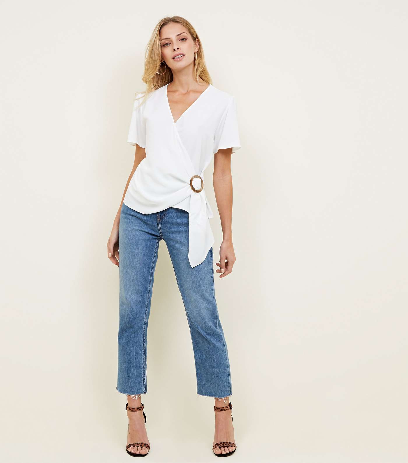 White Faux Horn Ring Buckle Wrap Top Image 2