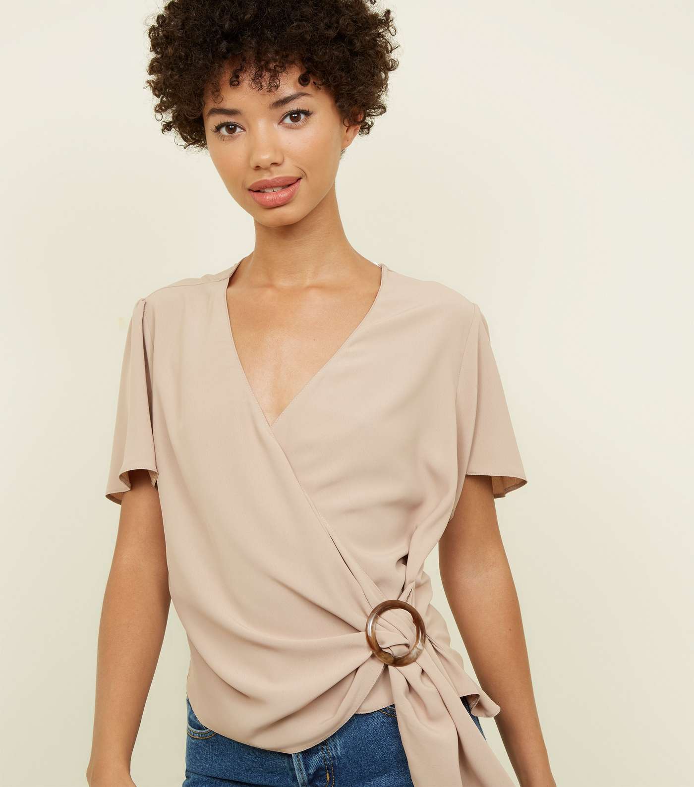 Camel Faux Horn Ring Buckle Wrap Top