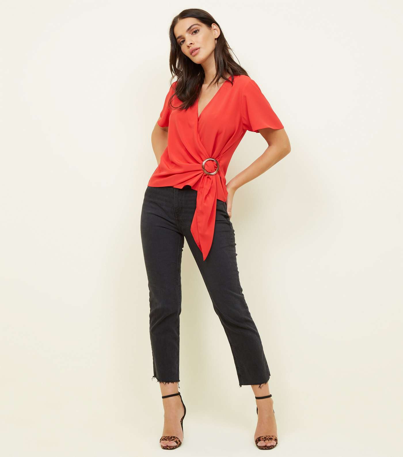 Red Faux Horn Ring Buckle Wrap Top Image 2