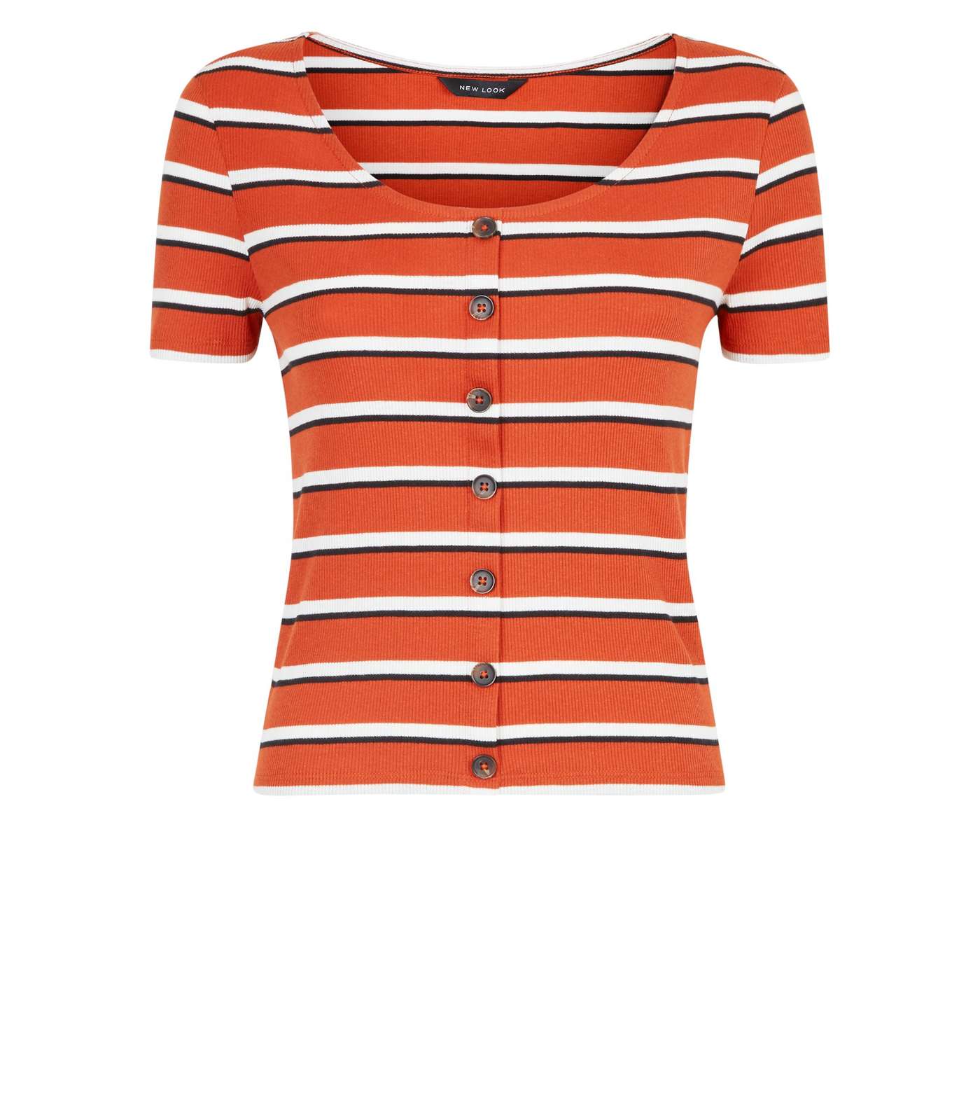 Rust Stripe Button Through Ribbed T-Shirt Image 4