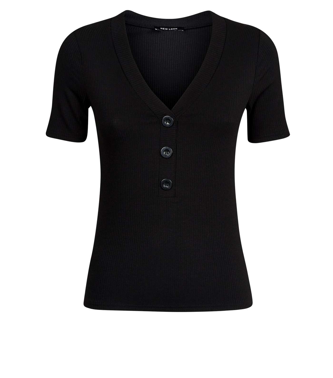 Black Button Front Ribbed T-Shirt Image 4