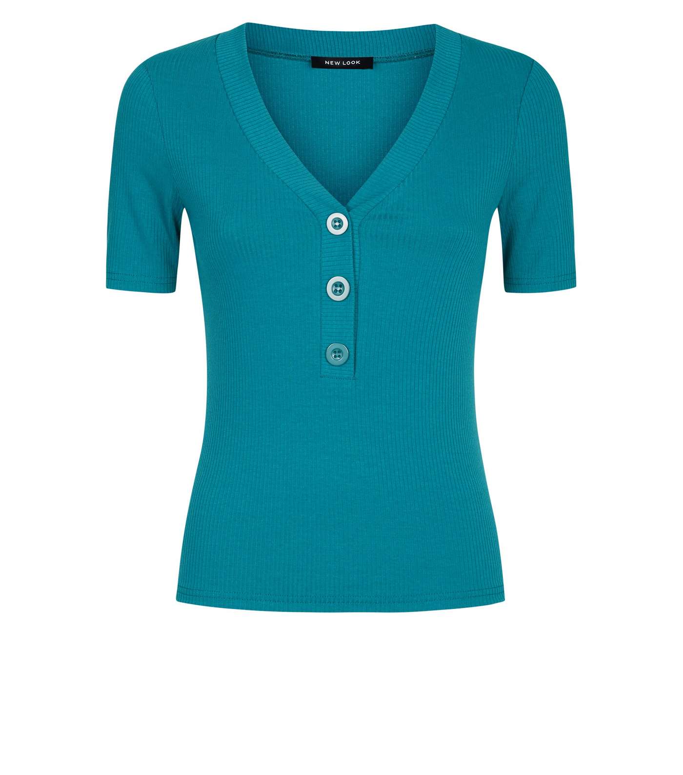 Teal Contrast Button Ribbed T-Shirt Image 4