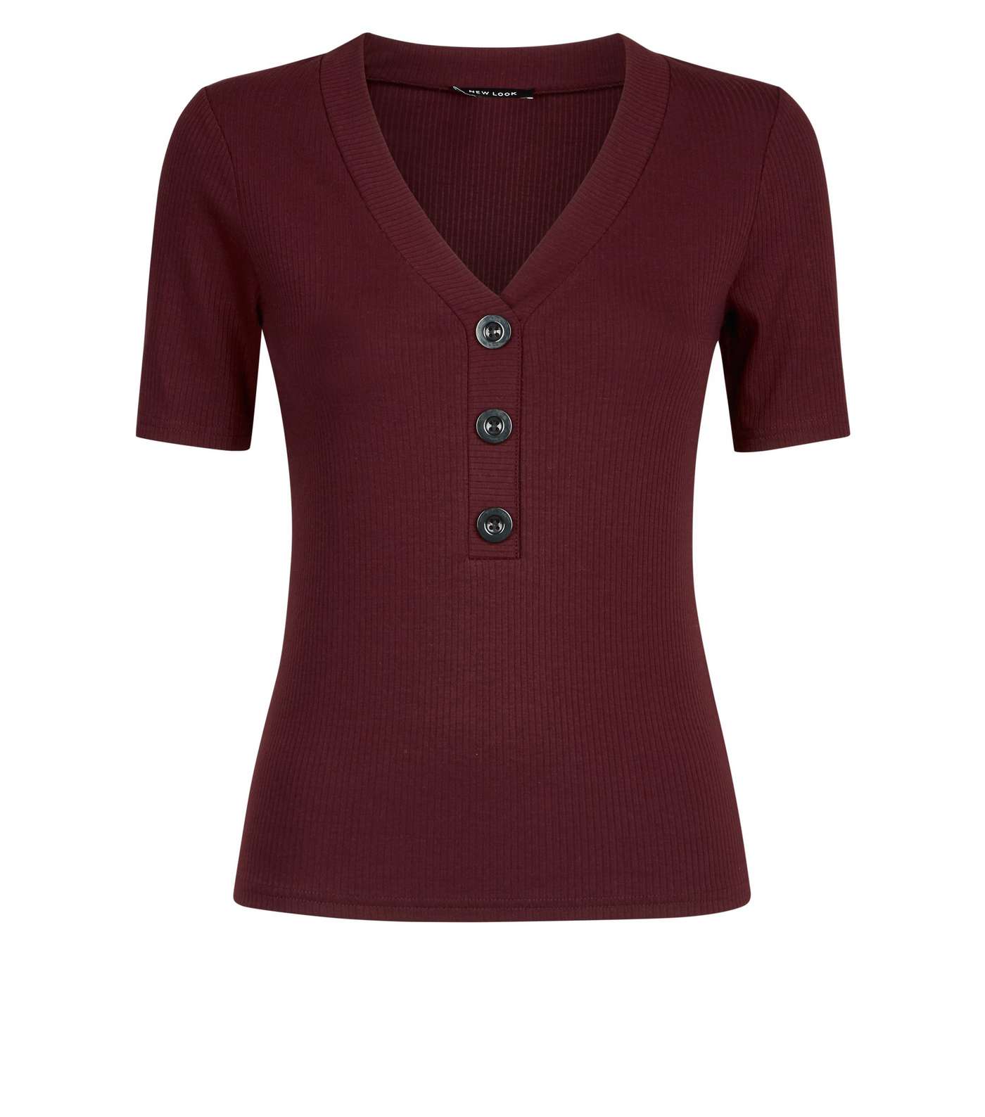 Burgundy Contrast Button Front Ribbed T-Shirt Image 4