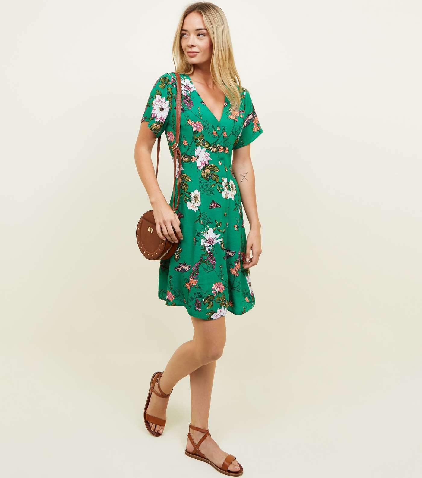Green Floral Butterfly Button Front Tea Dress  Image 2