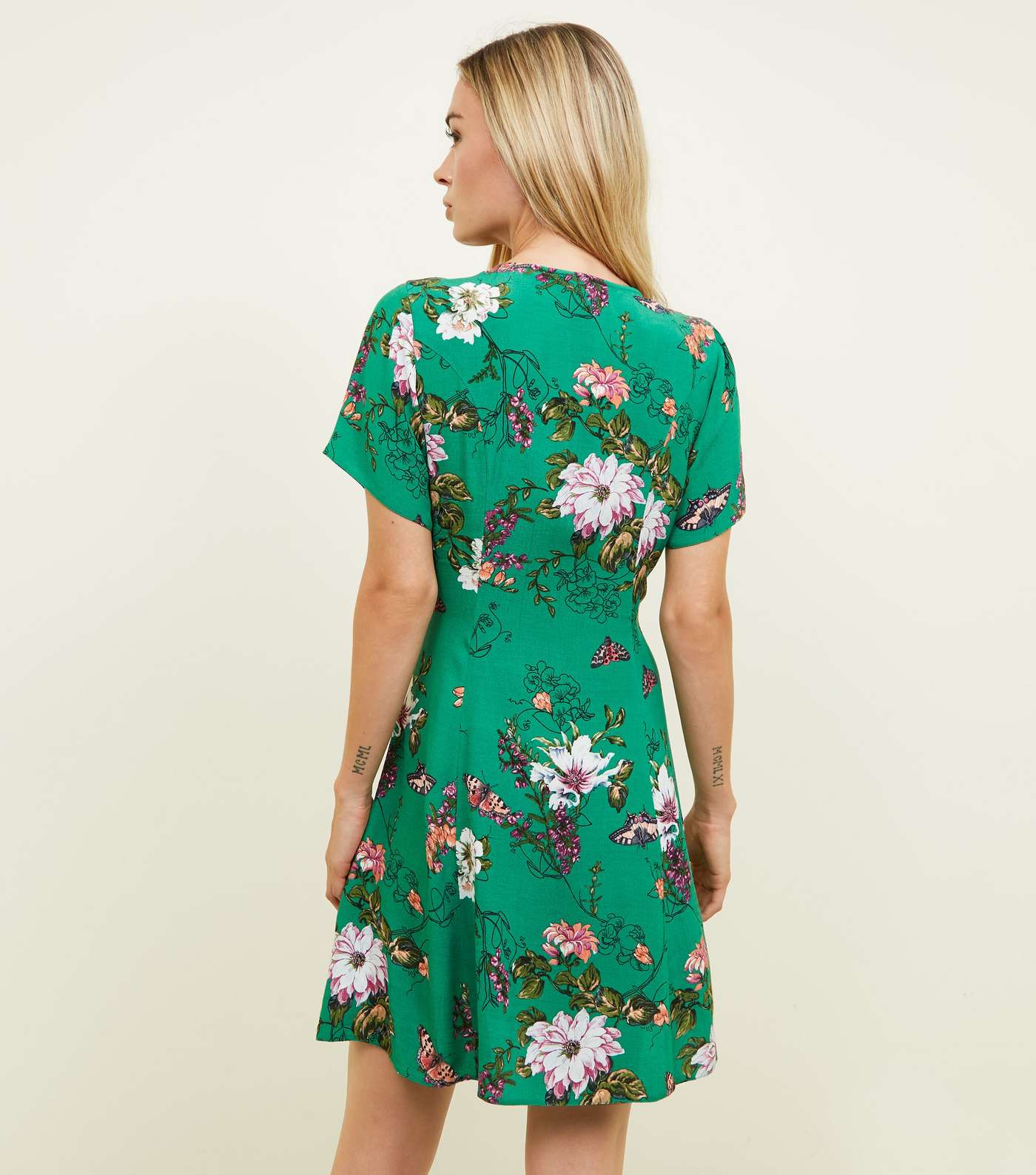 Green Floral Butterfly Button Front Tea Dress  Image 3
