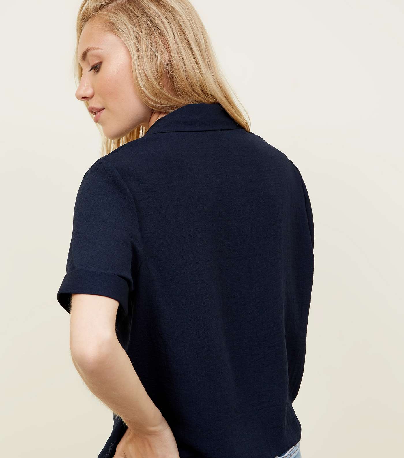 Petite Navy Short Sleeve Linen Look Shirt Image 3