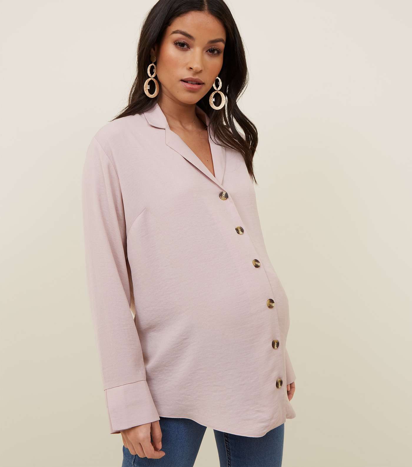 Maternity Pale Pink Crepe Revere Collar Boxy Shirt