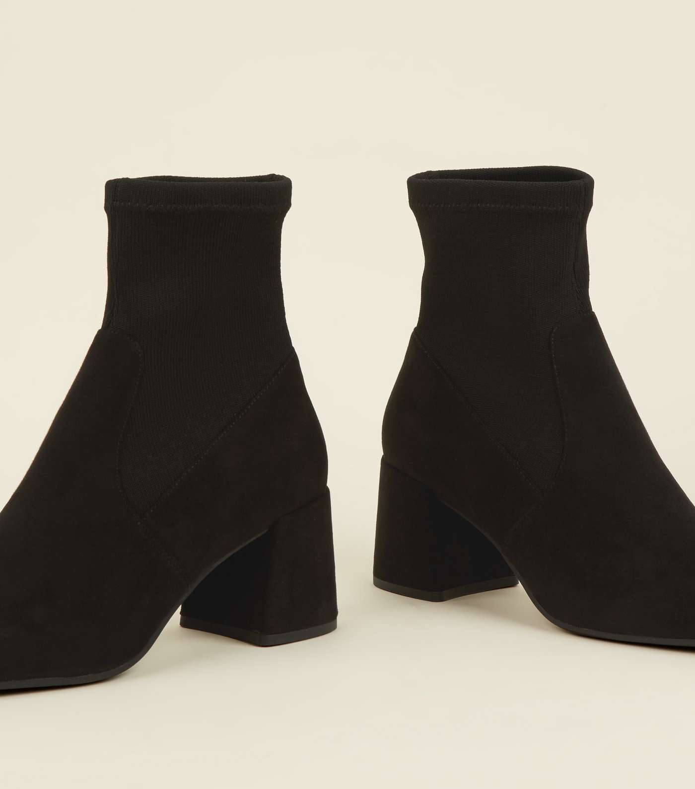 Black Suedette Flared Block Heel Sock Boots Image 3