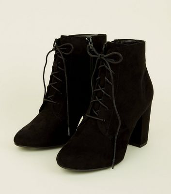 Black Suedette Lace-Up Block Heel Boots 