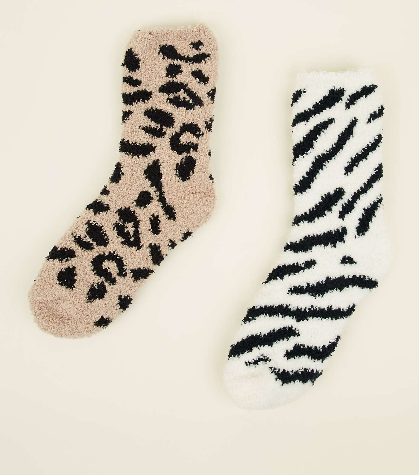 2 Pack Mink Leopard and Zebra Print Fluffy Socks