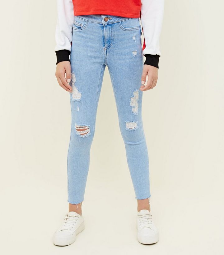 Girls Pale Blue High Waist Ripped Super Skinny Jeans New Look
