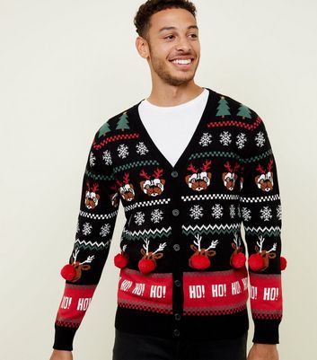 Black Pom Pom Trim Christmas Cardigan New Look