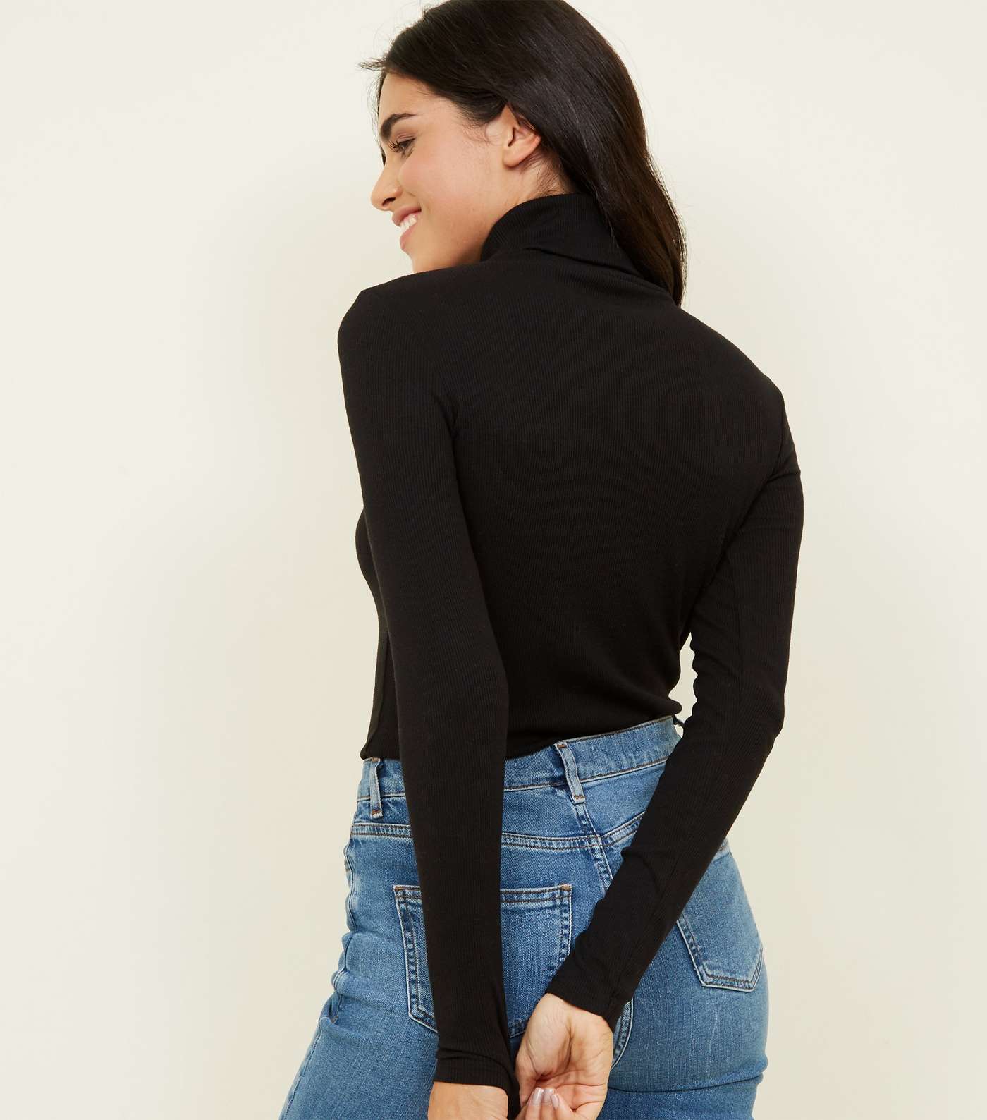 Black Ribbed Roll Neck Top Image 3