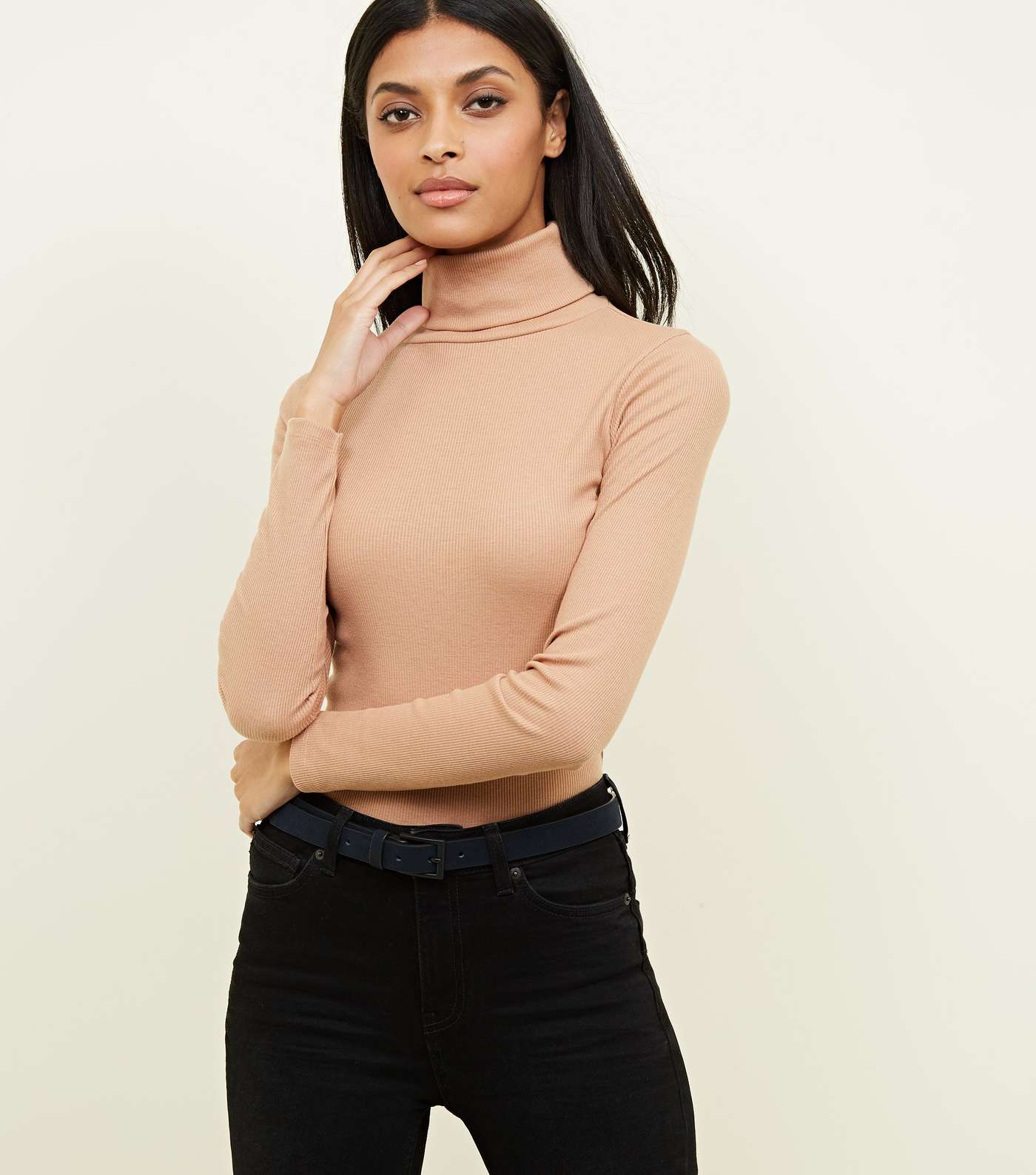 Camel Ribbed Roll Neck Top