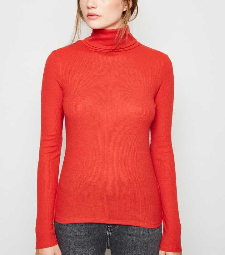 Red Ribbed Roll Neck Top
