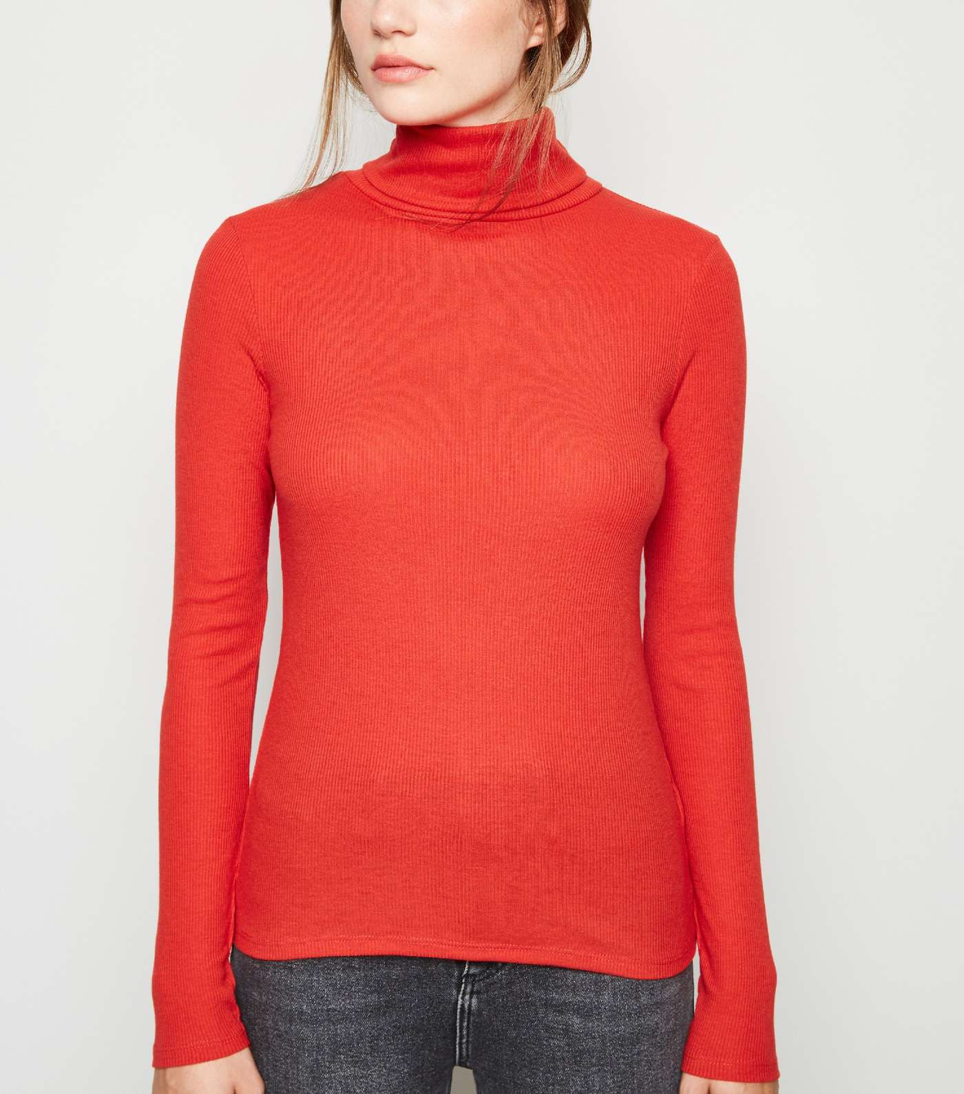 Red Ribbed Roll Neck Top