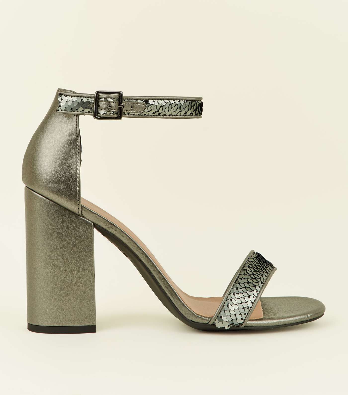 Pewter Metallic Sequin Strap Block Heels