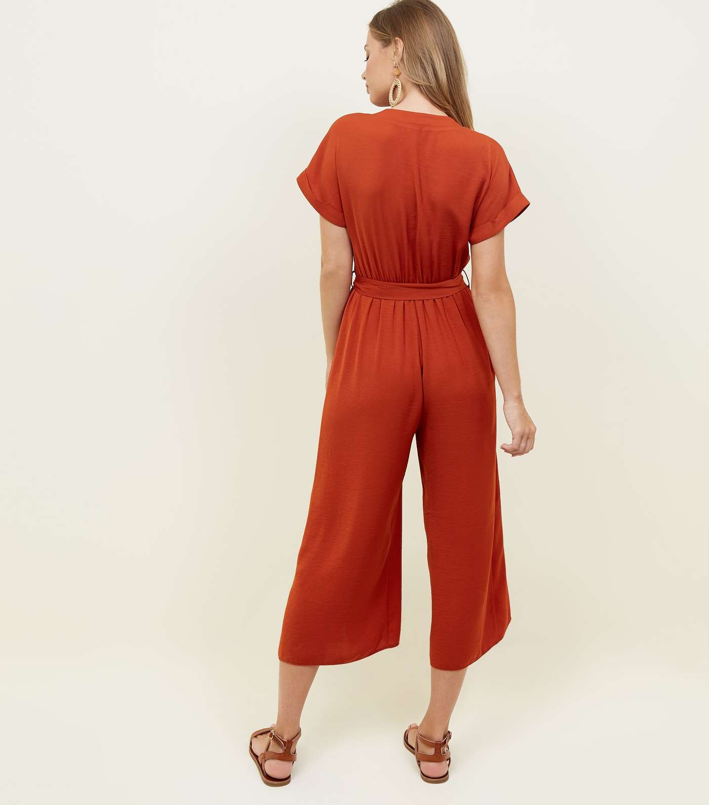 Orange Button Front Linen-Look Jumpsuit Image 2