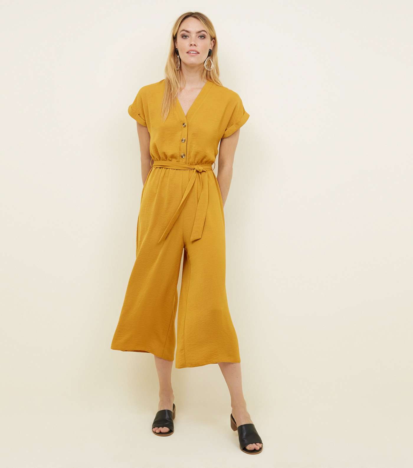 Mustard Button Front Linen-Look Jumpsuit