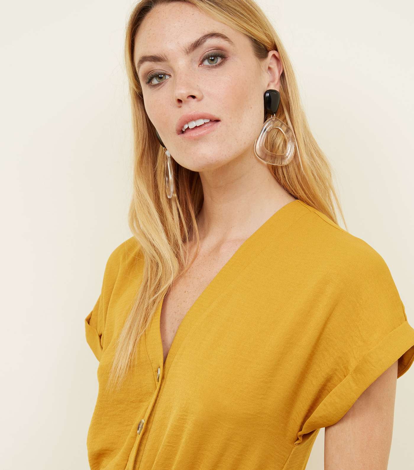 Mustard Button Front Linen-Look Jumpsuit Image 3