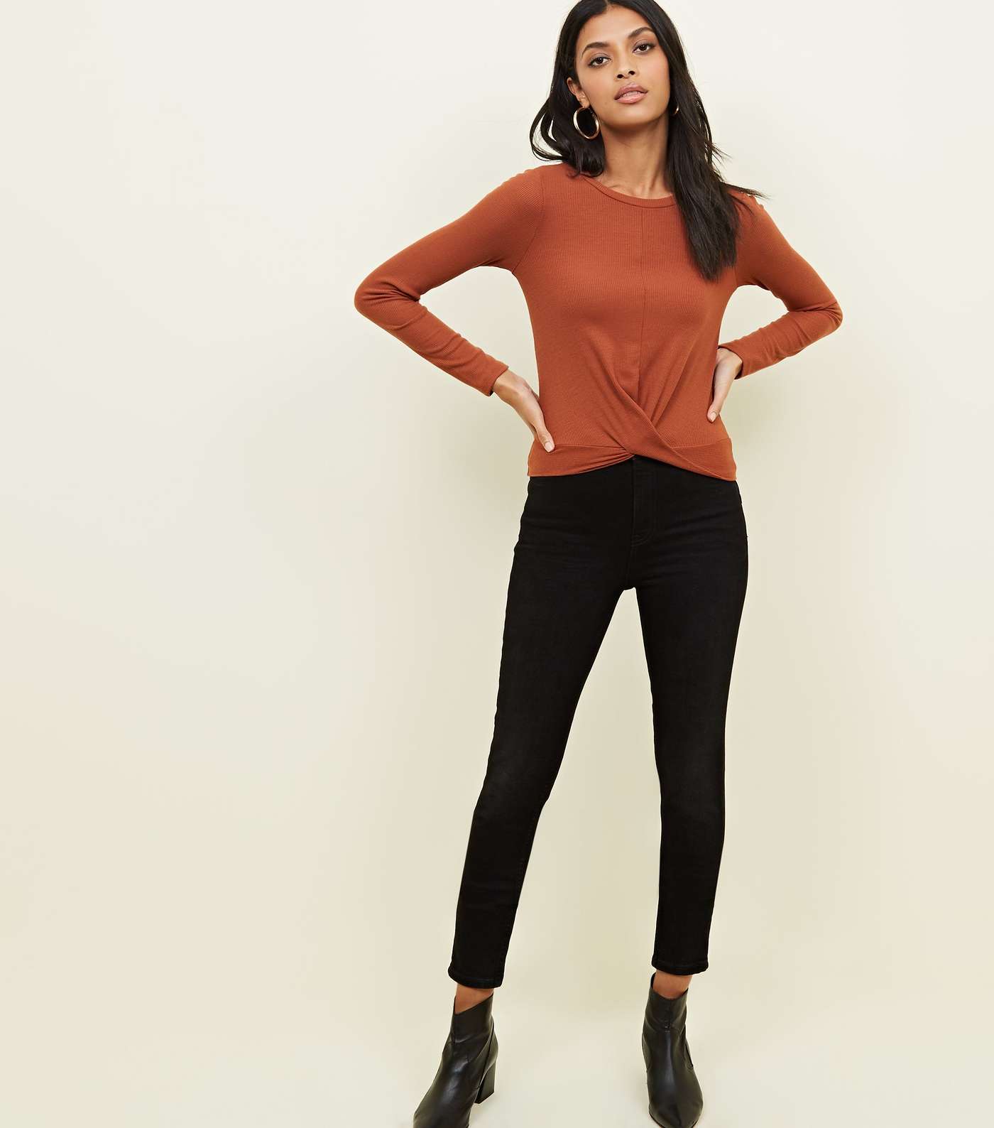 Rust Ribbed Twist Front Long Sleeve T-Shirt Image 2