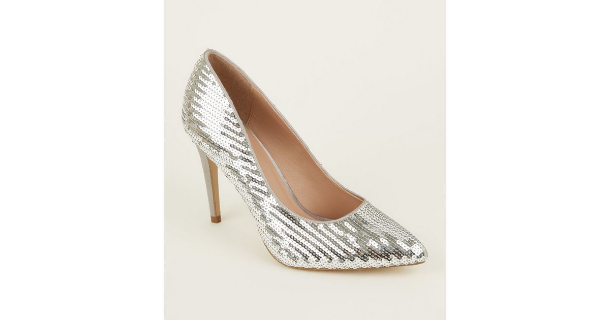 Silver Sequin Pointed Stiletto Court Shoes | New Look