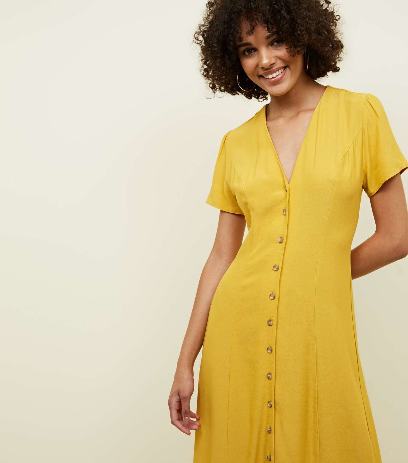 Mustard Button Front Midi Tea Dress  Image 2