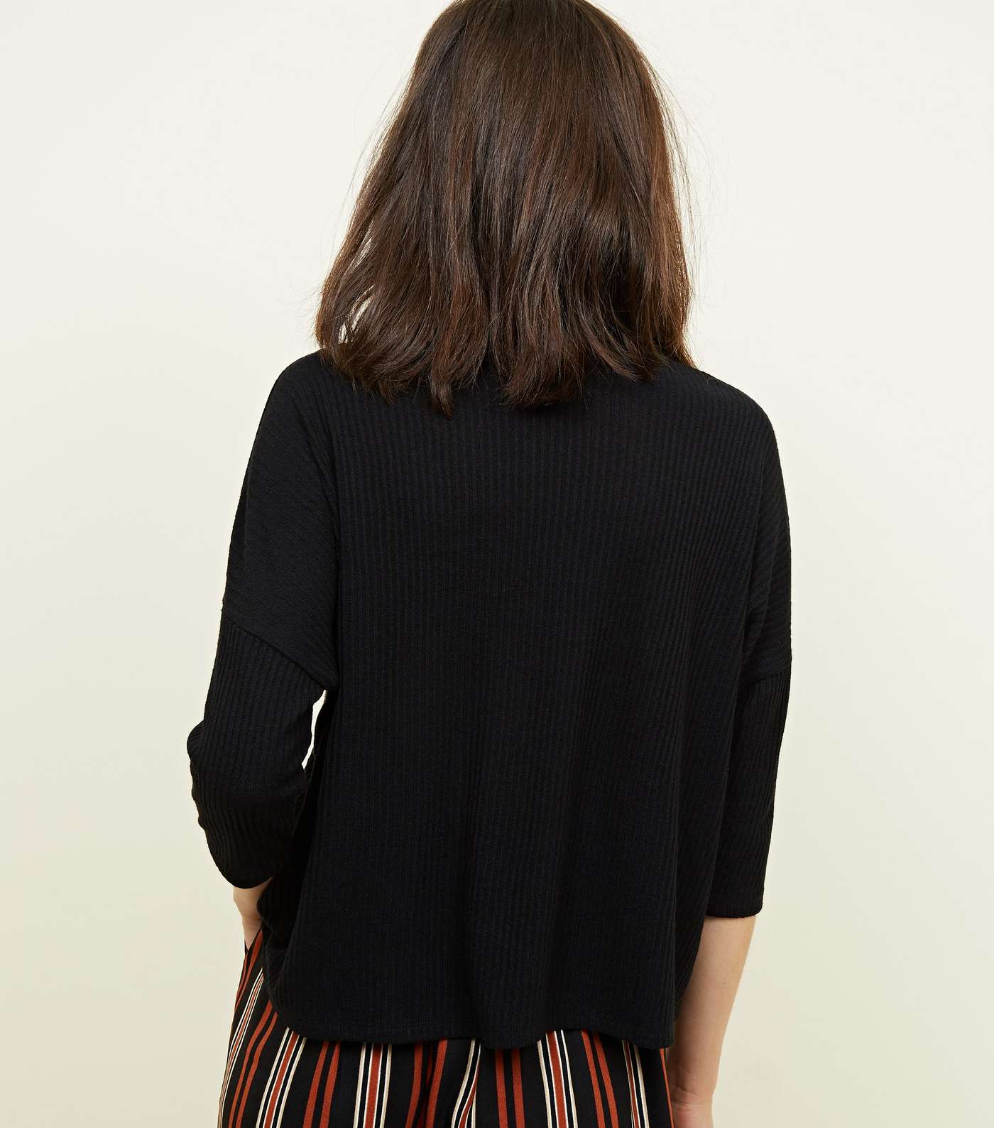 Black Ribbed Button Front 3/4 Sleeve Top Image 3