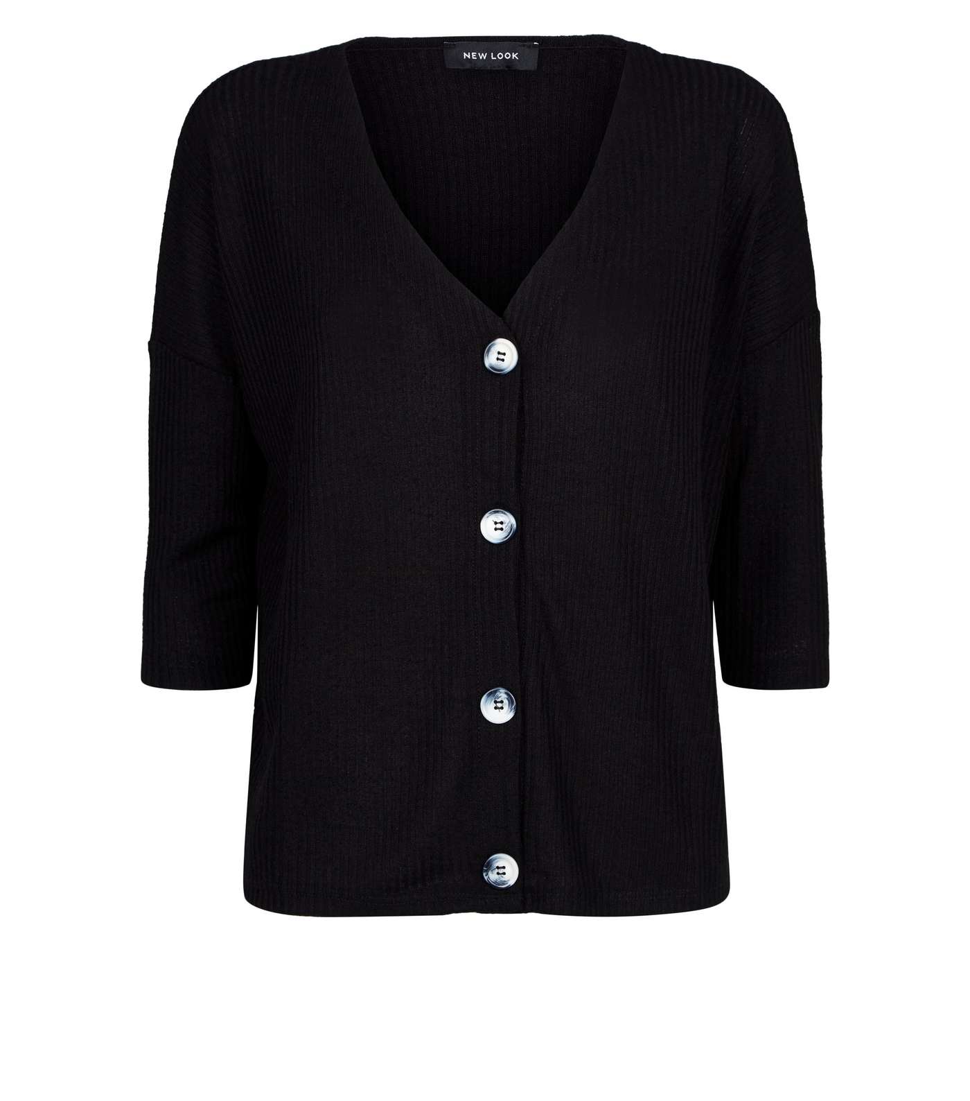 Black Ribbed Contrast Button Front 3/4 Sleeve Top Image 4