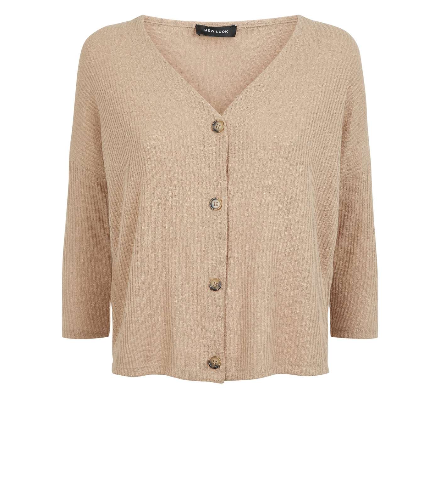 Camel Ribbed Button Front 3/4 Sleeve Top Image 4