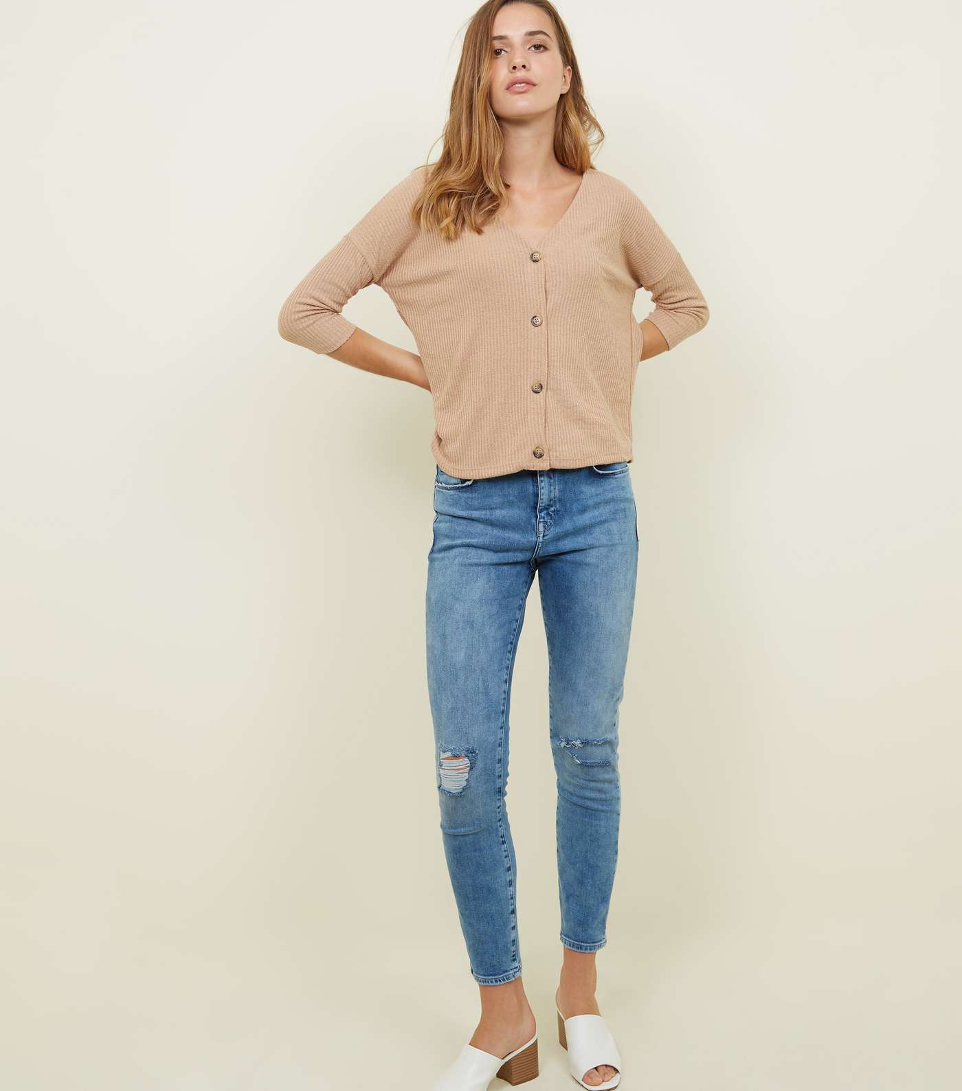 Camel Ribbed Button Front 3/4 Sleeve Top Image 2