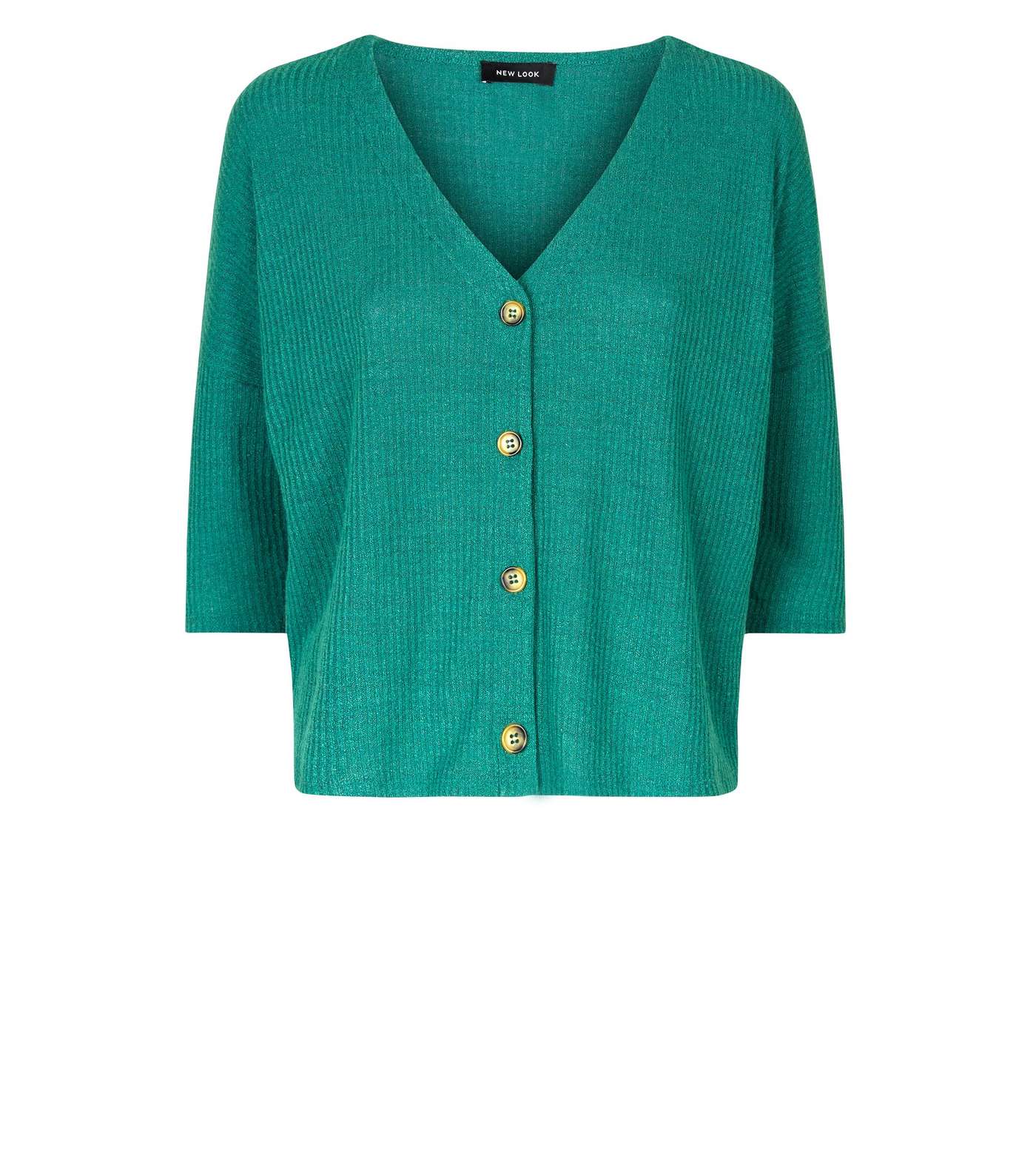 Green Ribbed Button Front 3/4 Sleeve Top Image 4