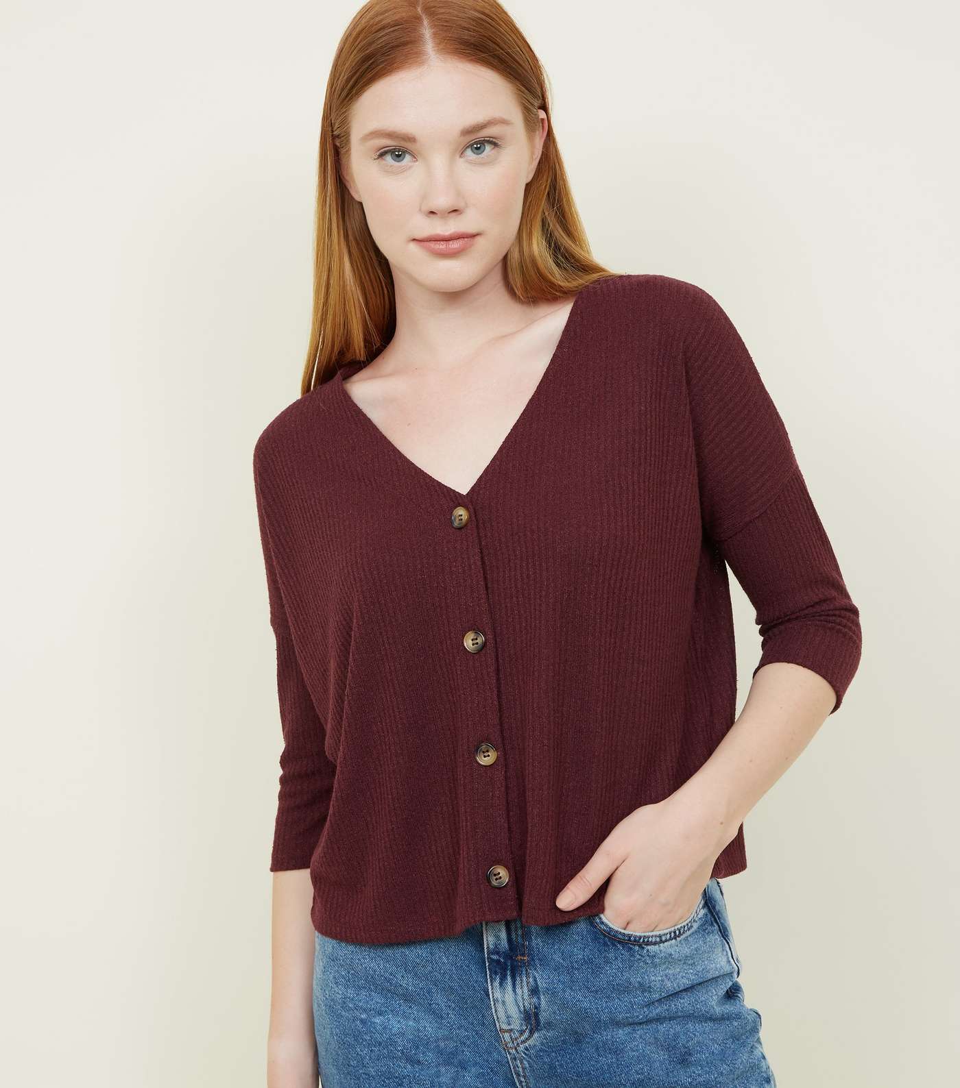 Burgundy Ribbed Button Front 3/4 Sleeve Top 