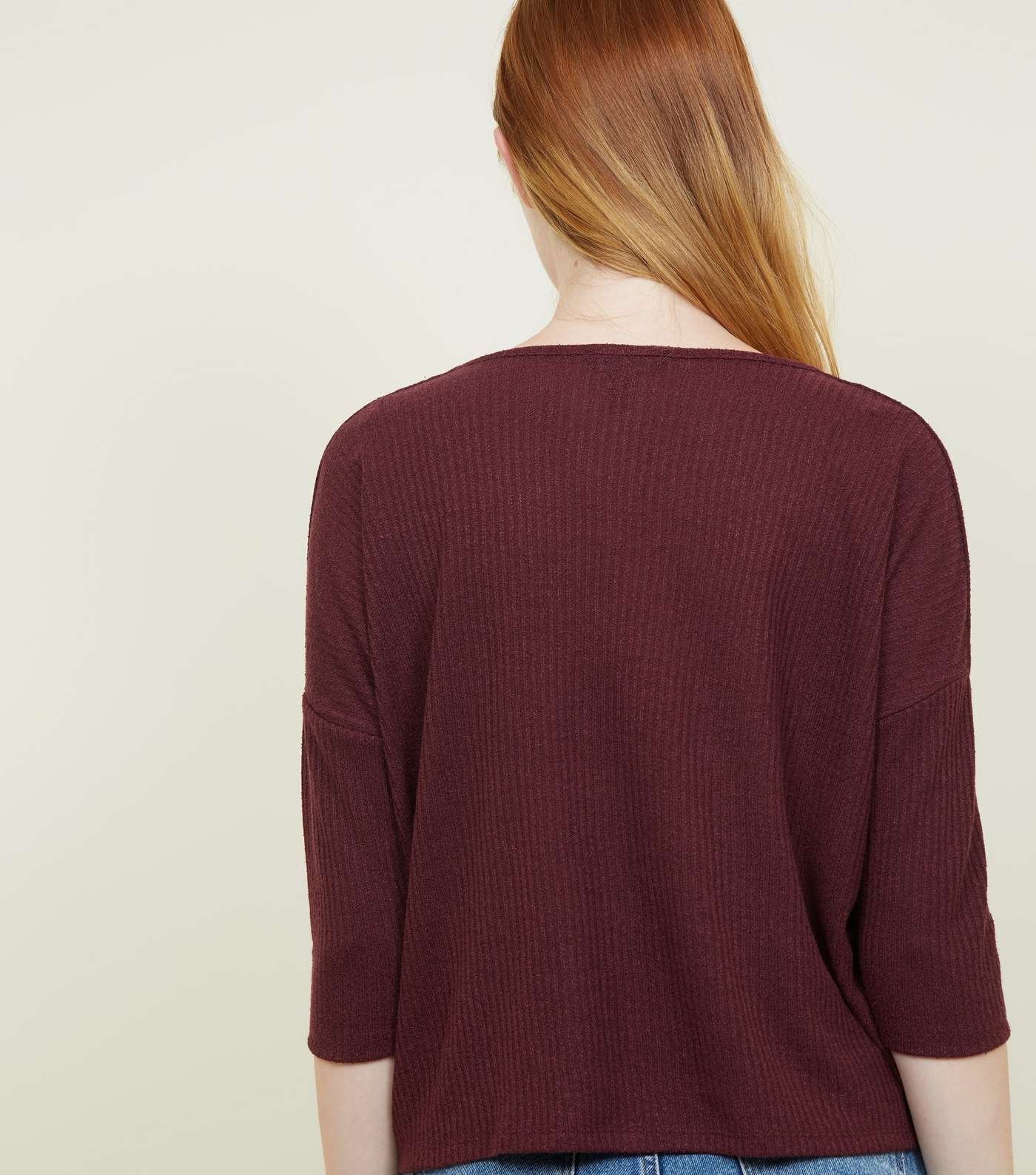 Burgundy Ribbed Button Front 3/4 Sleeve Top  Image 3