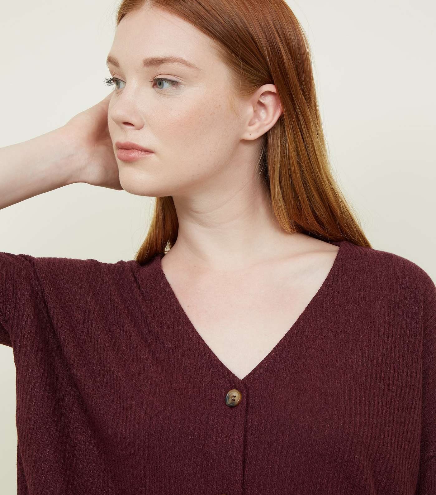 Burgundy Ribbed Button Front 3/4 Sleeve Top  Image 5