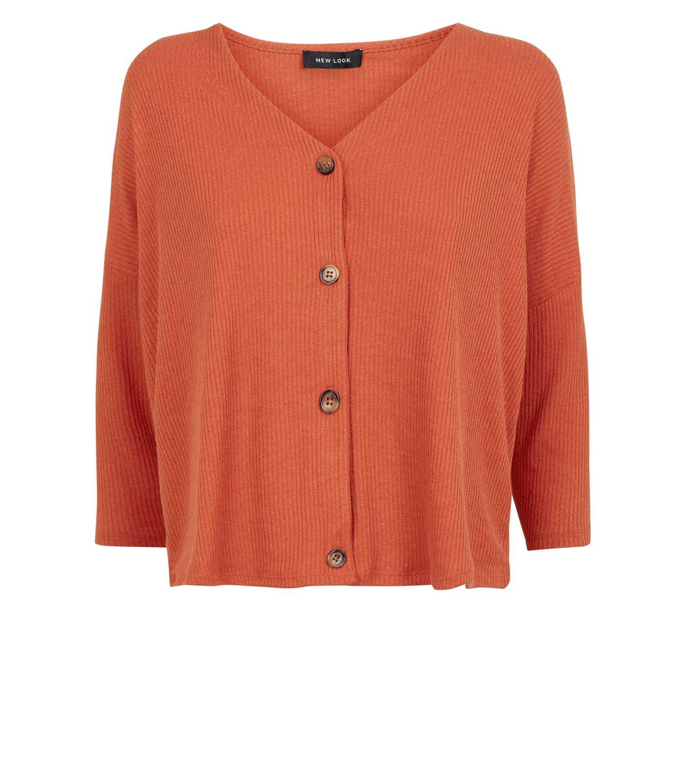 Orange Ribbed Button Front 3/4 Sleeve Top Image 4