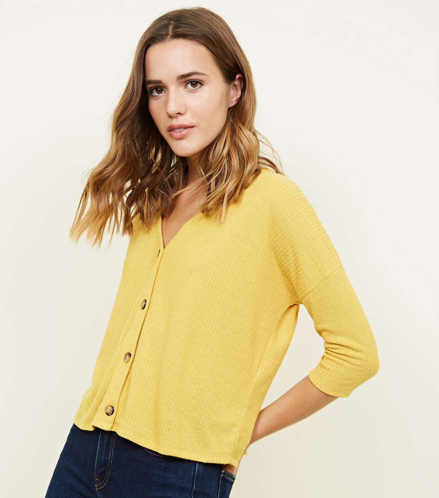 Mustard Ribbed Button Front 3/4 Sleeve Top