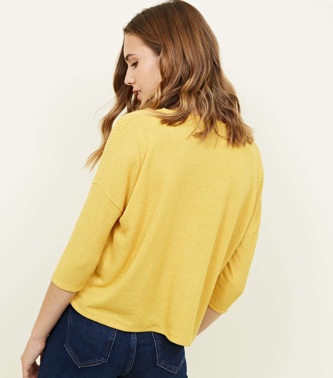 Mustard Ribbed Button Front 3/4 Sleeve Top Image 3