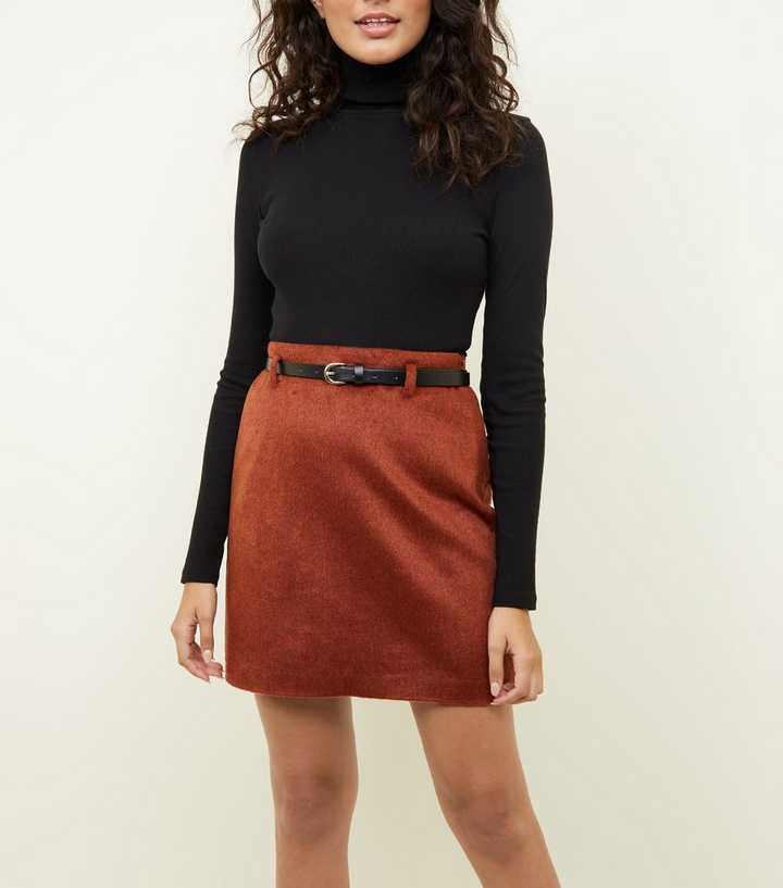 Rust Belted Brushed Twill A-Line Skirt