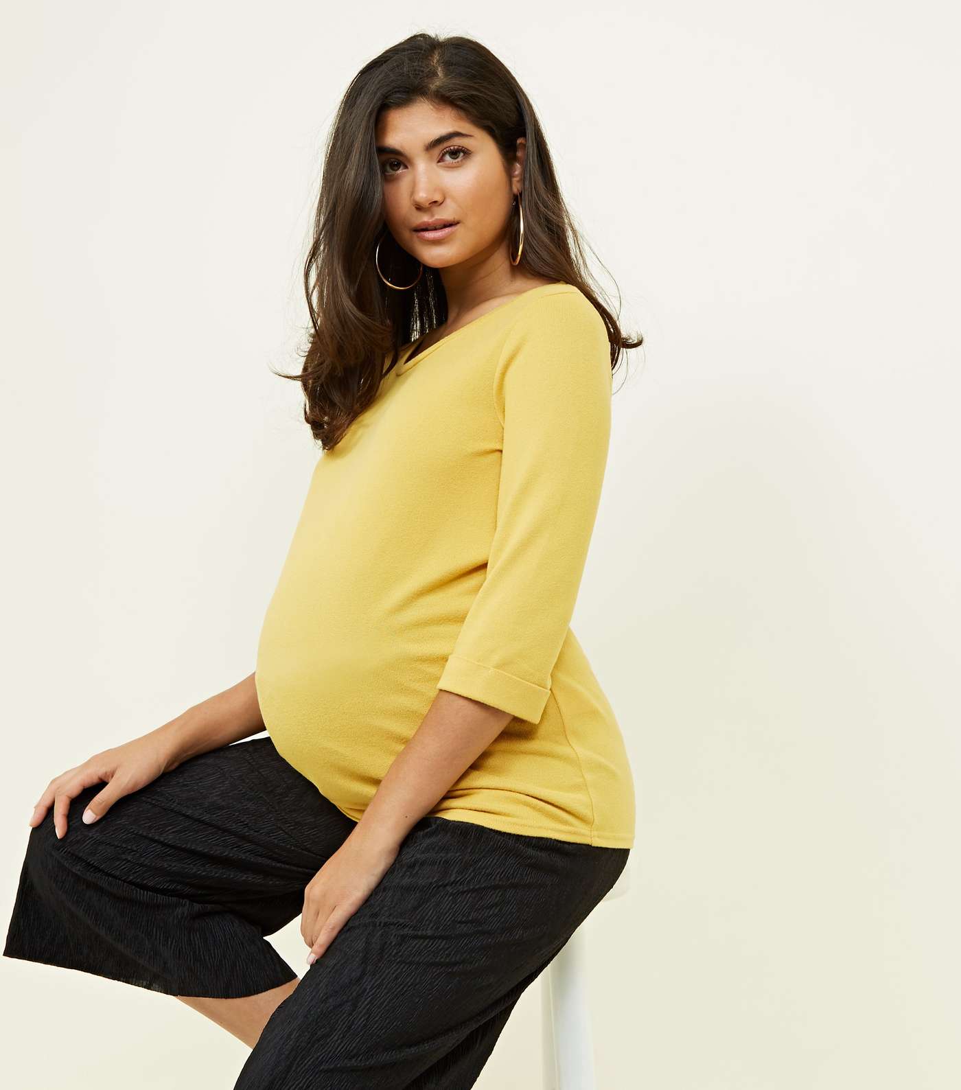 Maternity Yellow 3/4 Sleeve Fine Knit Top Image 5