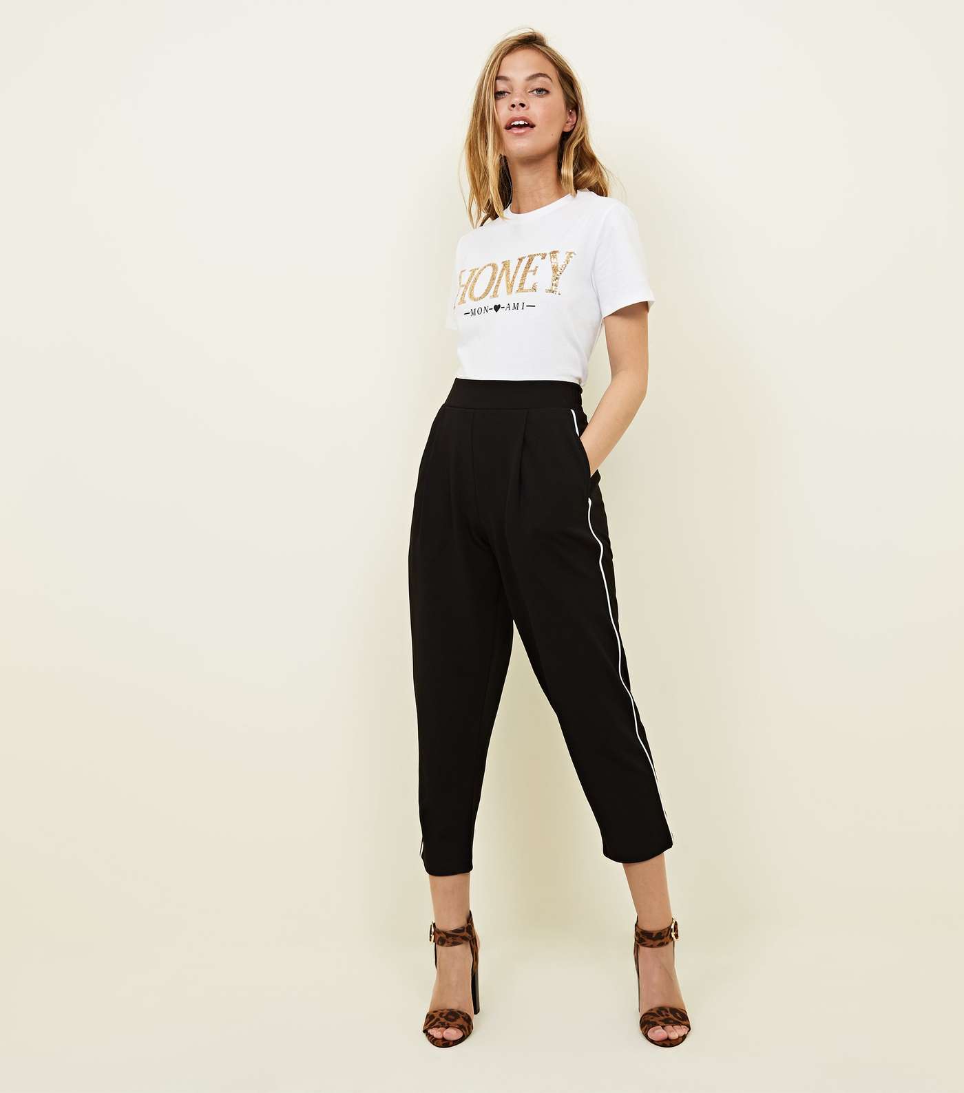 Petite Black Piped Side Stripe Tapered Trousers