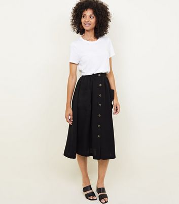 Black Button Through Pocket Midi Skirt 