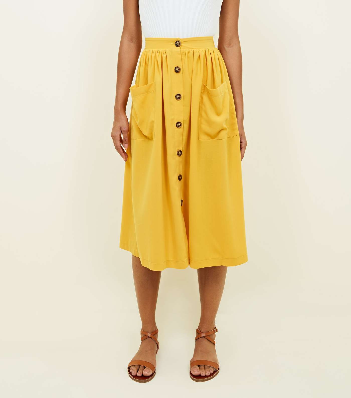 Yellow Button Through Pocket Midi Skirt Image 2