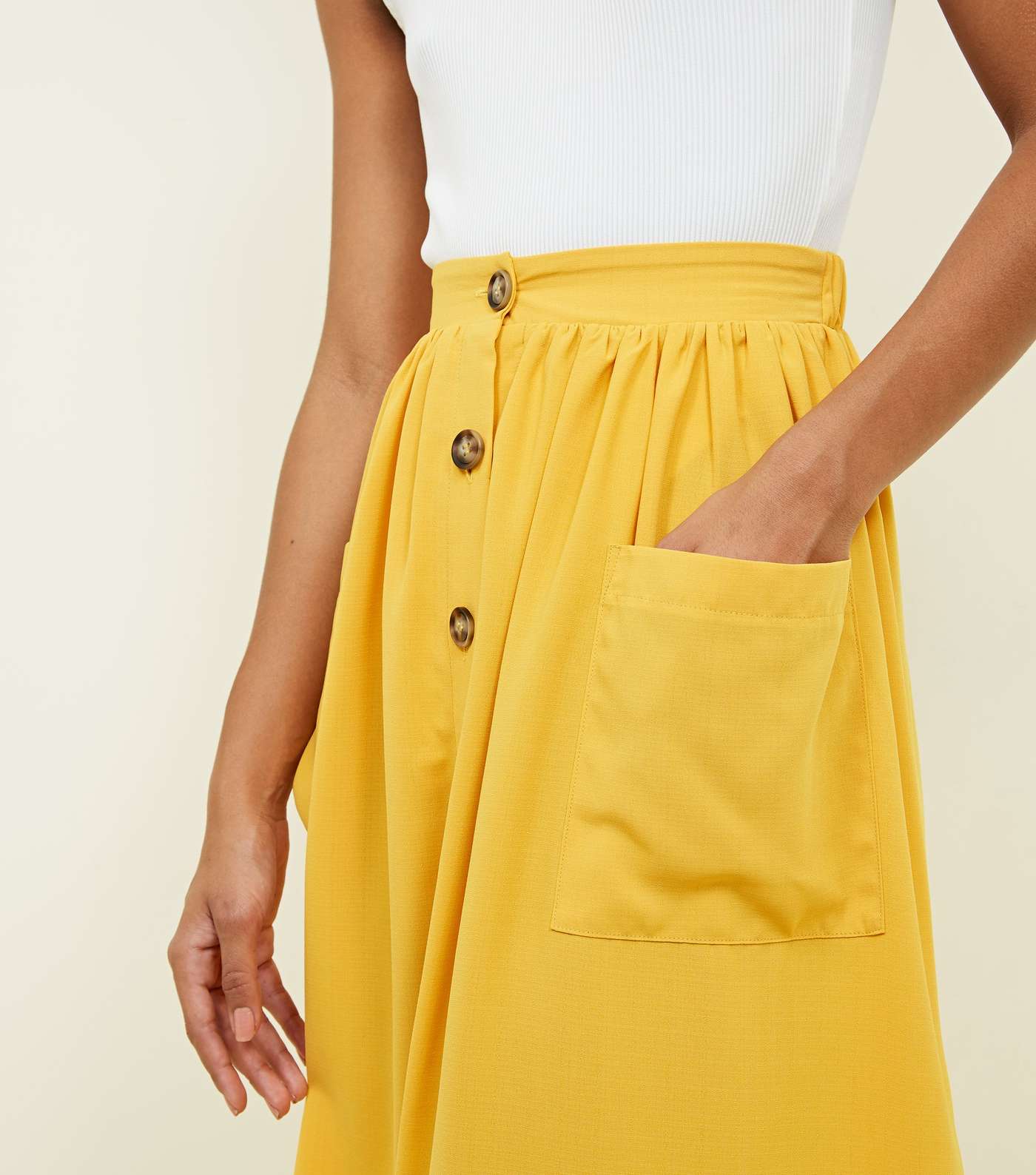 Yellow Button Through Pocket Midi Skirt Image 6