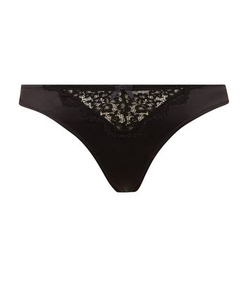 Black Satin Lace Trim Thong | New Look