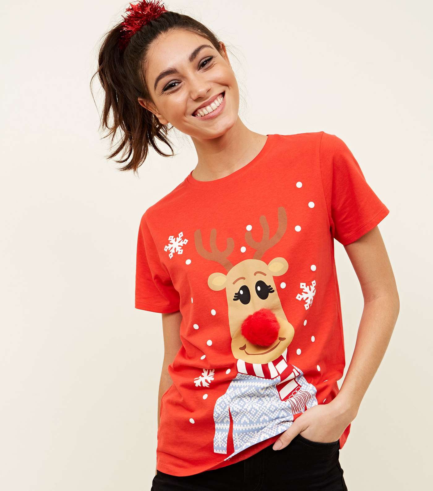 Red Christmas Reindeer Pom-Pom T-Shirt