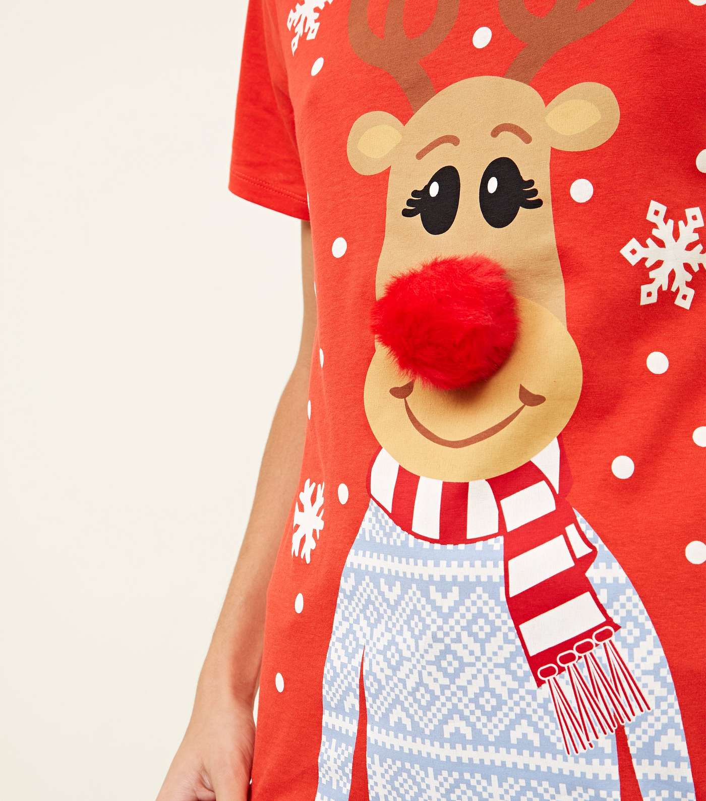 Red Christmas Reindeer Pom-Pom T-Shirt Image 5