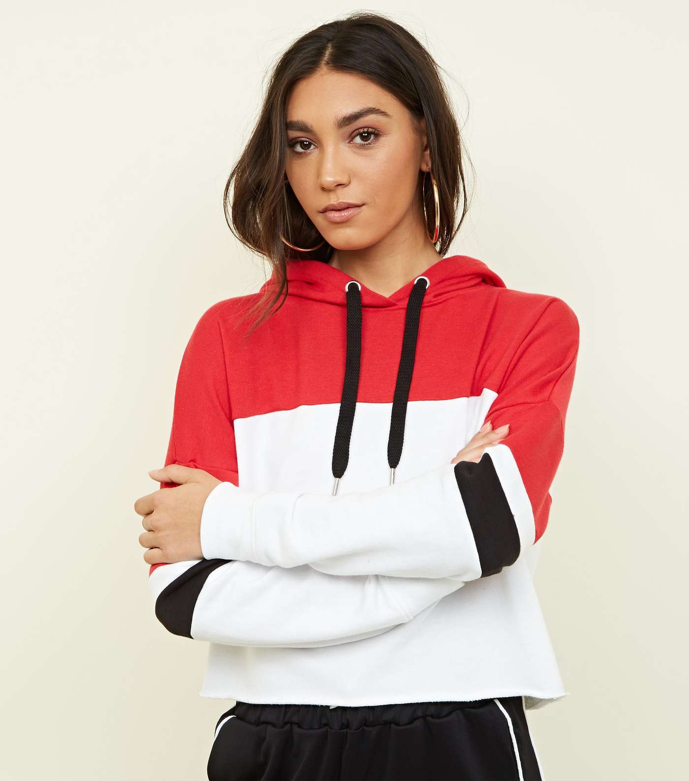 Red Colour Block Cropped Hoodie 