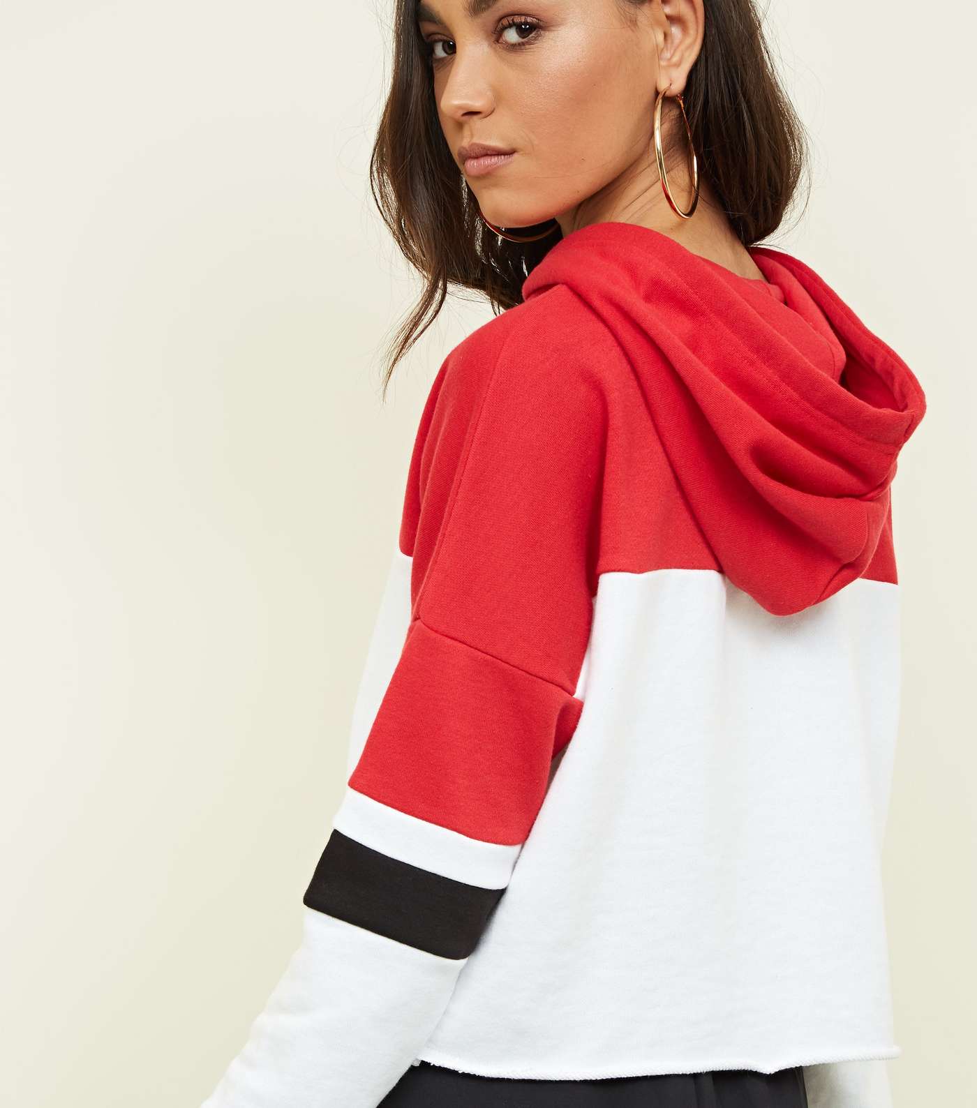 Red Colour Block Cropped Hoodie  Image 3